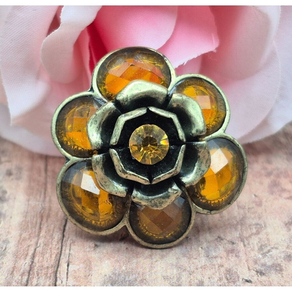 Dark Gold Tone & Amber Color Statement Flower Ring Stretch One Size Boho Hippie